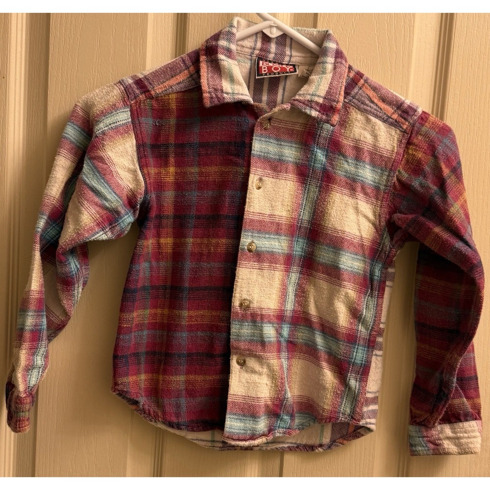 Vintage 90s Bugle Boy Shirt‎ Boys Size 7/LG Button Up Flannel Plaid Long Sleeves